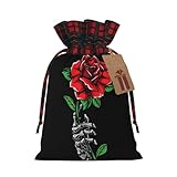 OPSREY Bolsa de regalo de Navidad reutilizable con estampado de calavera y rosa, bolsa de regalo con cordón