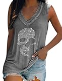 Fronage Camiseta sin mangas con diseño de calavera con diamantes de imitación para mujer, Sin mangas., S