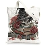 Bolsa de lona gótica, diseño de calavera y rosa, bolsa de comestibles reutilizable, vintage, ligera, lavable, con correa para el hombro, Blanco, 13x15 Inch