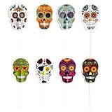 dekora - Halloween Cake Topper Calaveras Catrinas, 16 pinchos de papel para decorar cupcakes, muffins, tartas o pasteles, 8 diseños, 9x4,5cm, Decoración Fiesta Halloween, decoracion halloween mesa