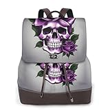 Mochila de cuero para mujer con estampado de calavera de rosa morada, bolso de hombro de cuero de moda, cosas de trabajo, viajes, negro, talla única, NEGRO, talla única