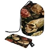 Neceser con cordón, diseño de rama de rosas, calavera muerta, bolsa de aseo con forma de barril, bolsa de cosméticos, bolsa organizadora de maquillaje de viaje + bolsa pequeña, multicolor,