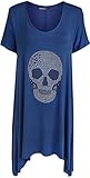 WearAll - Mujer Camiseta Calavera Caída Detalle en Lentejuelas Manga Corta - Azul Real - 42