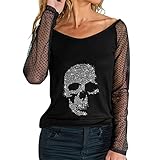 TRIGLICOLEUM Jersey para mujer de malla de manga larga, camiseta gótica con diseño de calavera, parte superior con perforación caliente, disfraz de Halloween, cuello redondo, blusa, tops, otoño,