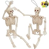JOYIN 2 Esqueletos Colgantes de Halloween de 16 Pulgadas con Ojos de luz LED roja, Huesos Humanos de plástico con articulaciones articuladas, para decoración Interior y Exterior