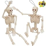 JOYIN 2 esqueletos colgantes de Halloween de 16 pulgadas con ojos de luz LED roja, huesos humanos de plástico con articulaciones articuladas, para decoración interior y exterior