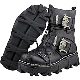 Lorie & Knight Botas militares de piel auténtica para hombre, color negro, estilo militar, gótico, calavera, punk, NEGRO, 11 US Wide