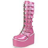 Botas de media pantorrilla punk gótico con purpurina plataforma gruesa tacón alto botas de cuña de combate para las mujeres, 2 rosa, 37 EU