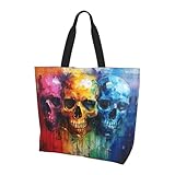 YHBLYKXP Bolso de hombro con estampado de calaveras de color, bolso de mano para mujer, bolsa de compras de gran capacidad, bolsa con asa superior, negro, talla única, Negro, One Size