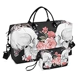 Bolsa de viaje grande con diseño de calavera, rosas rosadas, bolsa de viaje de fin de semana para mujeres y hombres, bolsa de equipaje con funda para carro, artículos esenciales de viaje en avión para