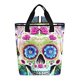 Bolsa de almuerzo para mujer, diseño de calaveras coloridas 3D, bolsa térmica floral, 36 latas, a prueba de fugas, bolsa de refrigeración para el almuerzo