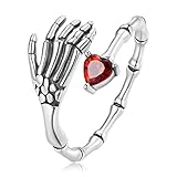 Qings Anillo de Mano EsqueletoMujeres de Plata de Ley 925 Abierto Ajustable Gótico Calavera Anillos con Zirconia Corazón Rojo para Mujeres Hombres