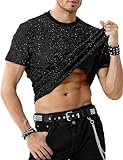 Casey Kevin Camisetas Lentejuelas Hombre Camisa Rock Fiesta Discoteca Ropa Punk Metalizada Brillo Negra Manga Corta Suaves Brillante Plateada Interior Club Nocturno Jazz Dance Clubwear