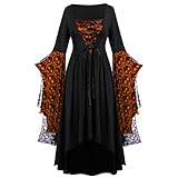 HAOLEI Disfraz Bruja Mujer,Vestido Negro Halloween con Cordón Vestido Gótico con Estampado de Encaje de Calavera Vintage Cuello Cuadrado Maxi Vestido Medieval Mujer Originales Disfraces Halloween