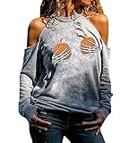 Tomwell Camiseta de Manga Larga de Halloween para Mujer Creativo Blusa Camisa Agujero Hueco con Estampado de Calavera sin Tirantes Otoño Pullover Tops Casual Jersey Sudadera G Gris XL