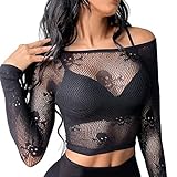 Buitifo Mujeres Sexy Crop Top Malla Ropa de Dormir Cráneo Festival Disfraz Lencería Camisetas(Negro gtt,M)