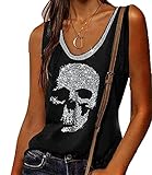 Camiseta sin Mangas de Calavera con Diamantes de imitación para Mujer, Camisetas sin Mangas con gráficos, Camisetas sin Mangas Sueltas de Punk Rock