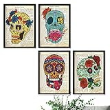 Nacnic - Set 4 Láminas Calaveras Catrinas Mexicanas sobre Fondo Texto Vintage - Poster con Definiciones Estilo Antiguo - Decoración Colorida de Pared