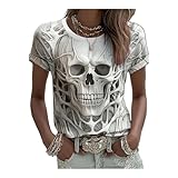 Camiseta de manga corta con estampado de calavera de Halloween para mujer, cuello redondo, color blanco y gris, ligera, informal, acogedora, blanco, XXL