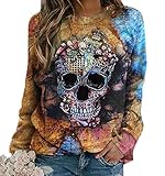 Sudadera de Manga Larga con Estampado de Calavera de Halloween para Mujer, Camiseta con Estampado gráfico de Cuello Redondo, Camisetas holgadas Informales, Jersey