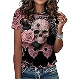 Camisetas de calavera para mujer, estilo vintage, gótico, para Halloween, estampado floral, casual, ropa básica regular, Calavera de encaje, XXL