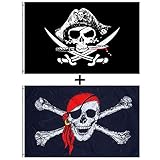 Bandera Pirata, Bandera de Calavera 2 Piezas, Cruz Cuchillo de Jolly Roger,Cross Knife, para Fiesta Pirata, Regalo de Cumpleaños, Decoración de Halloween, 90 x 150 Cm
