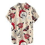 Camisa Holgada Hawaiana para Hombre, Camisa de Manga Corta con Estampado de Calavera, Blusa Informal con Botones Regulares de Verano, Camiseta de Estilo Playero para Adolescentes