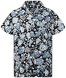 King Kameha Funky - Camisa hawaiana para hombre, manga corta, bolsillo frontal, fiesta, Halloween, calaveras, estampado de calaveras, Skulls-negro-gris, M
