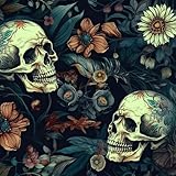 FunStick 44.5CMx9M Papel Pintado Autoadhesivo Negro Flores y Calaveras Halloween Papel Pintado Pared Dormitorio Vinilo Adhesivo Calavera Amarillo Negro Vinilo Adhesivo Pared Flores Cocina Baño Gótico