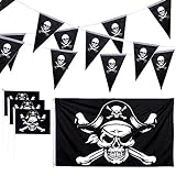 Whaline Juego de 12 Banderas de Pirata de Calavera de Halloween, 3x5 Pies Bandera de Roger Jolly, 19,7 Pies Banderines Piratas y 10 Banderines de Pirata Pequeños de Mano con Palos para Decoración