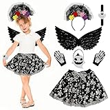 DAOUZL Disfraz Halloween, Esqueleto con Falda de Tul, Alas, Tiara, Guantes y Bolsa de Caramelos - Cosplay de Carnaval para Niños y Novia