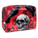 Bolsa de cosméticos para mujer, diseño de calavera muerta, cuervo, rosas en rojo, bolsa de cosméticos para viaje, bolsa organizadora de maquillaje grande de PVC con cremallera, multicolor