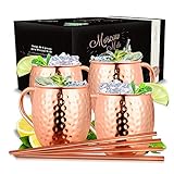 Vezato Moscow Mule Mugs [500ml] - Taza de cobre martillado con sorbete - Juego de cóctel de cobre hecho a mano [4 piezas] - 4 Tazas de cobre inoxidable para Mula de Moscú