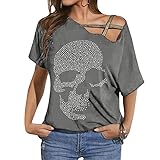 IPOVOQ Camiseta de Manga Corta con Hombros Descubiertos y Diamantes de imitación de Calavera para Mujer, Blusa con Estampado de Calavera Punk Rock, Tops de Verano