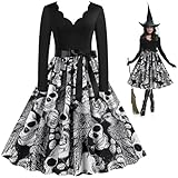 Disfraces de Halloween para Mujer Falda con Estampado de Calavera y Rosa de Cóctel de Cosplay de Halloween Negro, Diseño de Pétalos con Cuello en V Disfraz de Vestido Largo Espantoso de Carnaval