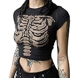 Camiseta de mujer con diseño de calavera vintage Y2k Crop Top Verano Cuello O Kawaii Camiseta E GirlTops Gótico Manga Corta Esqueleto Gótico Gráfico Sexy Abdomen Ropa de calle Vintage 90 Adolescentes