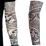 Tatodays 2 x Manga de tatuaje temporal para hombre Calaveras rockstar punk bromas falsas medias de halloween biker rocker slash goth skull adultos disfraz nylon disfraces 80s disfraz mordaza broma