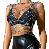 KEWUF Brillante Rhinestone Malla Cuerpo Cadena Tops, para Mujeres Brillante Bikini Crop Top para Discoteca Fiesta Festival, ropa verano mujer para Mujeres y niñas - Negro, Cuello en V - S
