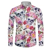 Binienty Camisas de manga larga con botones para hombres con diseño gráfico 3D impreso, Calavera Con Floral, M