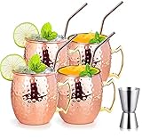 izdeel Vasos Moscow Mule Taza Cobre de Moscú Copas de Cóctel de 4 Vasos de Cobre con 4 Pajitas, para Cócteles, Whisky, Vodka, Bebidas Frías, Fiestas, Bares, Hotel, Regalo, Decoracion, Christmas
