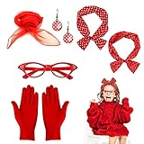 QEEQPF 5 piezas de los años 50 para mujer, accesorios de disfraz de gasa, bufanda, diadema, gafas, guantes, pendientes para mujer, trajes de fiesta vintage., rojo, Talla única
