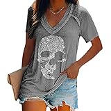 Camisetas con Estampado de Calavera para Mujer, Camisetas de Manga Corta Sueltas con Cuello en V Profundo y Calavera a la Moda