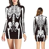 NEWUPZSI Disfraz de Halloween para mujer, vestido de esqueleto, body para mujer, traje de calavera, vestido envolvente, bodycon de hueso, manga larga, vestido de esqueleto, cosplay, disfraz de terror