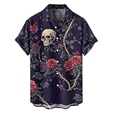 Divertida Calavera Esqueleto Rosa Fuego Camisa Impresa en 3D para Hombre Moda Camisas de Manga Corta Solapa de Botones Ropa de Calle Tops de cárdigan de Gran tamaño