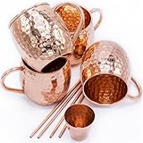 Conjunto de Vasos Moscow Mule Gadgy - Set de Tazas de Cóctel - 4 Vasos de Cobre, 4 Pajitas y un Jigger - 100% Cobre y Hecho a Mano - Regalo para Fiestas