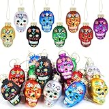 Larber 14pcs Día de Muertos Vidrio Calaveras Adornos Colorido Suspendido Cráneo Decoración Conjunto Calaveras Colgantes Irrompibles Para Halloween,Día de los Muertos, Interior para el Hogar Decoración