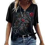 Camiseta Divertida con Estampado de Calavera y Rosas para Mujer Camiseta con Estampado Lindo con Cuello en V y Manga Corta