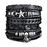 Yolev 6 Piezas Pulsera de Cuero Hombre Halloween Ancha Trenzada para Hombre Conjunto de Pulseras Calavera Punk Rock Negra Puños Trenzados para Damas de Hombre Pulsera Vintage Longitud Ajustable