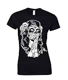 Camiseta de manga casquillo para mujer, diseño de calavera mexicana, tatuaje, roca, metal, motero, gótico, azúcar, caramelos, color negro, Negro, XL