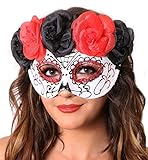 I LOVE FANCY DRESS LTD DÍA DE LOS Muertos Máscara con Negro y Rosa Roja Detalles Mexicano Baile De Máscaras Mujer Calavera MÁSCARA Accesorio Traje Halloween - Adulto Talla Única